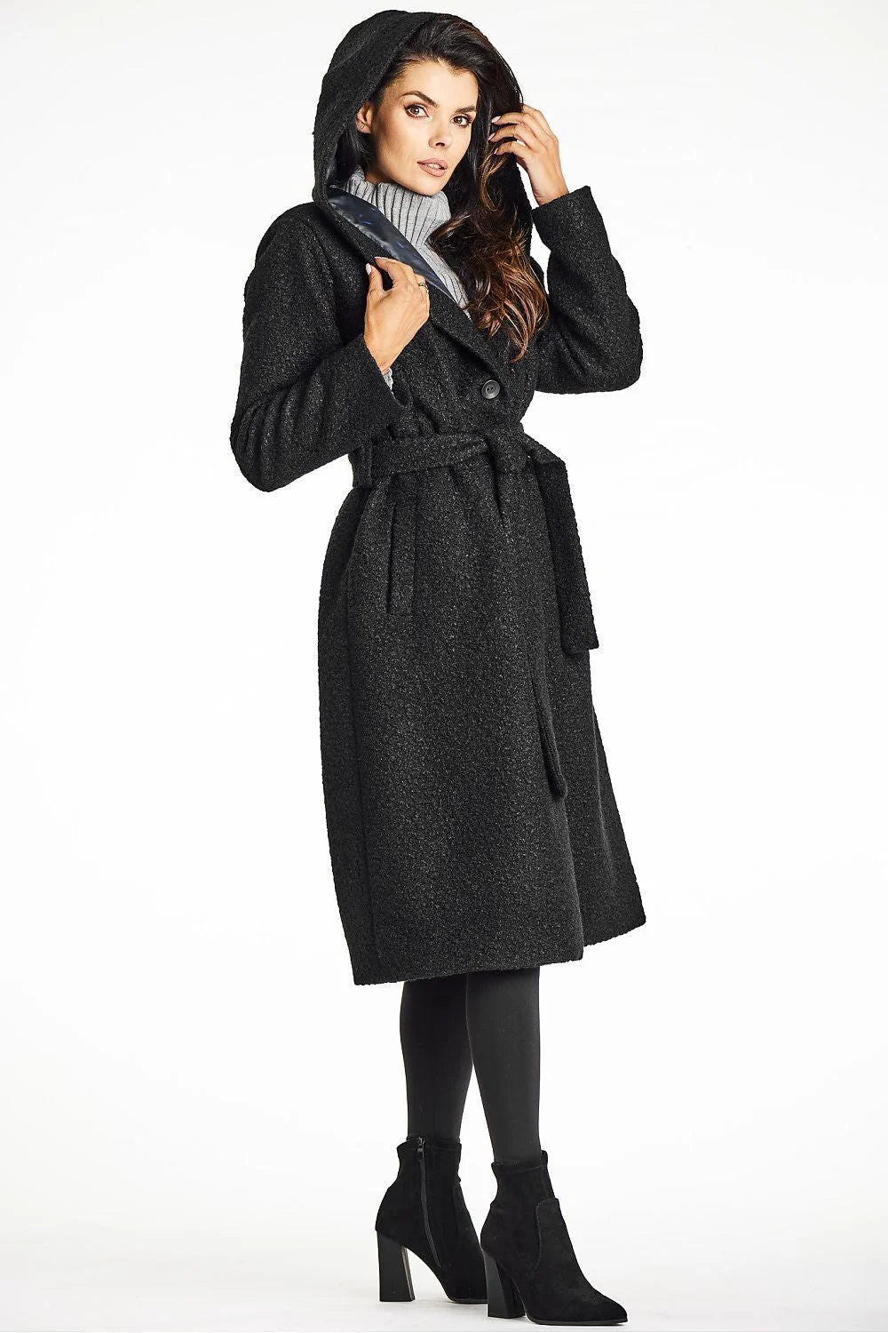 Manteau élégant long pour femme en tissu texturé noir avec capuche et col châle doublure satinée Awama