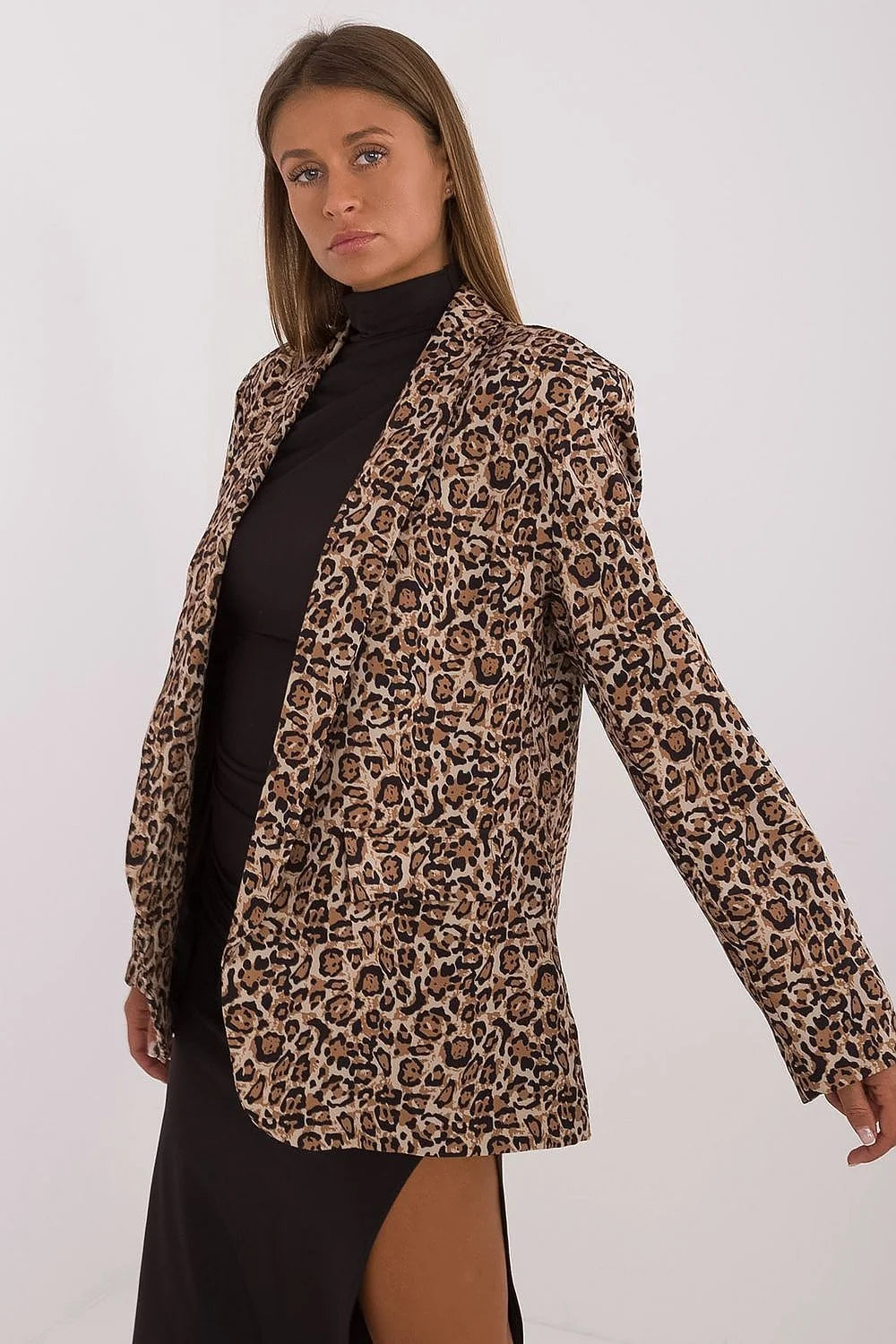 Veste Italy Moda pour femme, motif léopard, style audacieux, coupe oversize, manches longues, sans fermeture, blazer élégant, polyester élasthanne, doublure raffinée