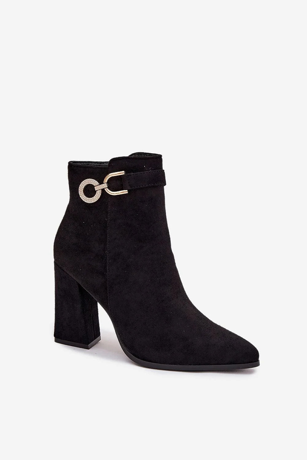 bottines femme cheville suédine noire bout pointu talon bloc haut pilier doublure chaude fermeture éclair latérale bride décorative