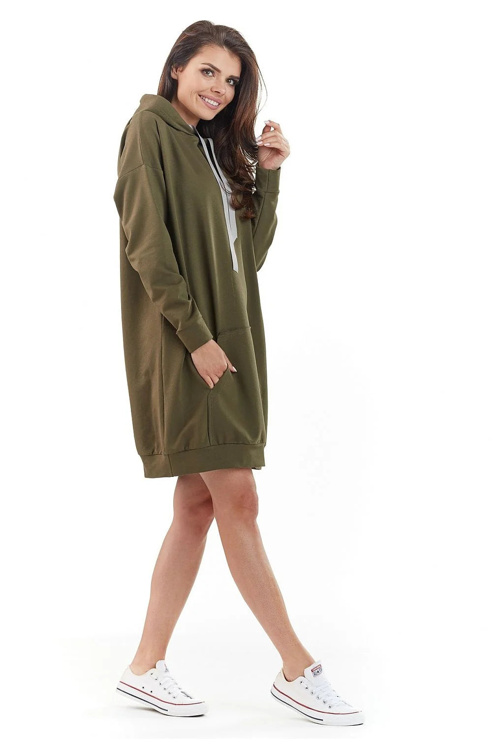 Sweatshirt femme polyester coton ample moderne kaki doux longue manches capuche style tendance moderne