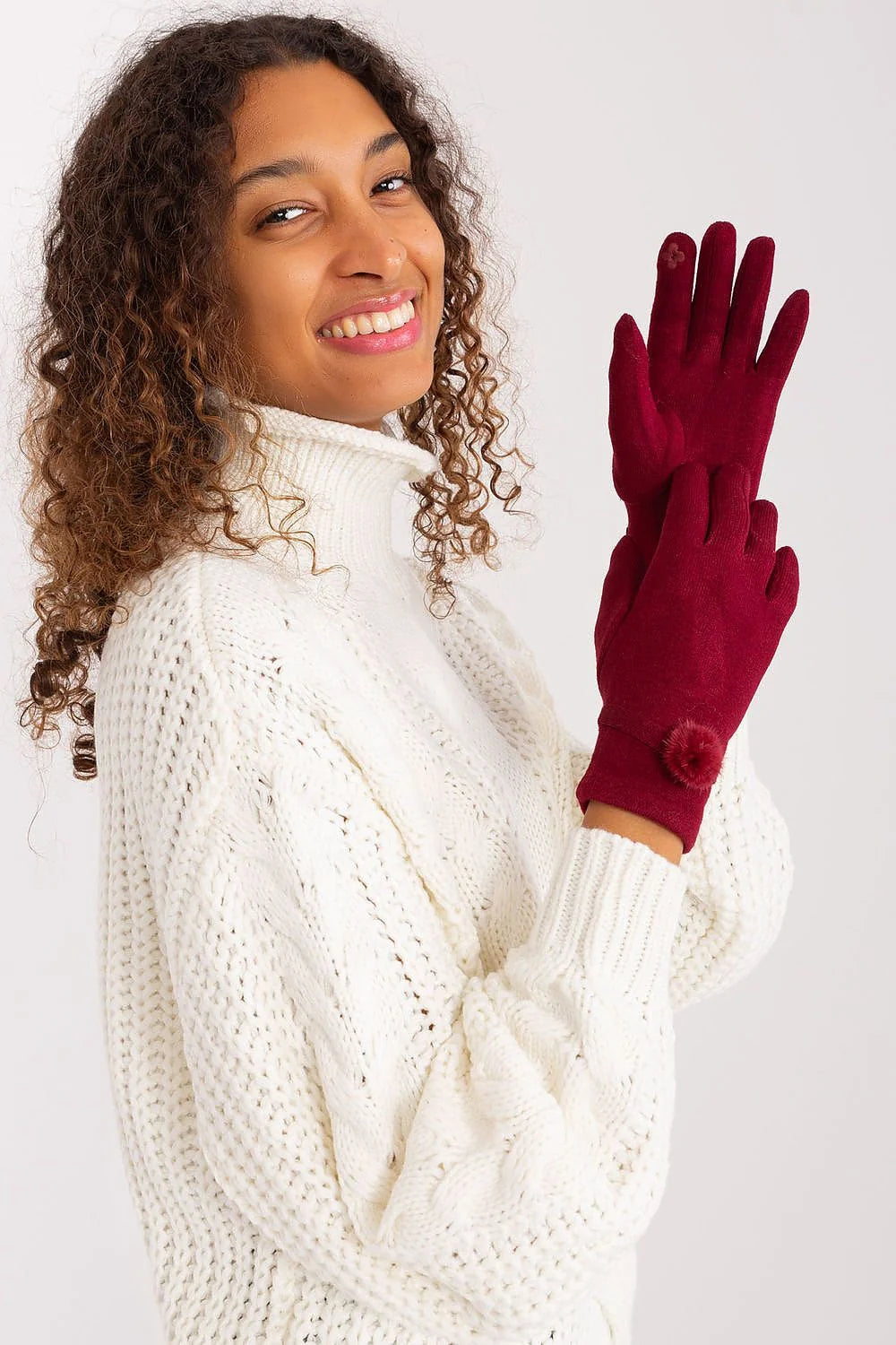 Gants élégants tricotés douillets pompons fleurs brodées écran tactile coton élasthanne polyester femme mode