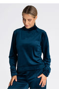 ensemble féminin velours bleu profond col montant manches longues coupe droite pantalon taille ajustée confortable doux satiné élégant
