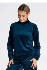 ensemble féminin velours bleu profond col montant manches longues coupe droite pantalon taille ajustée confortable doux satiné élégant