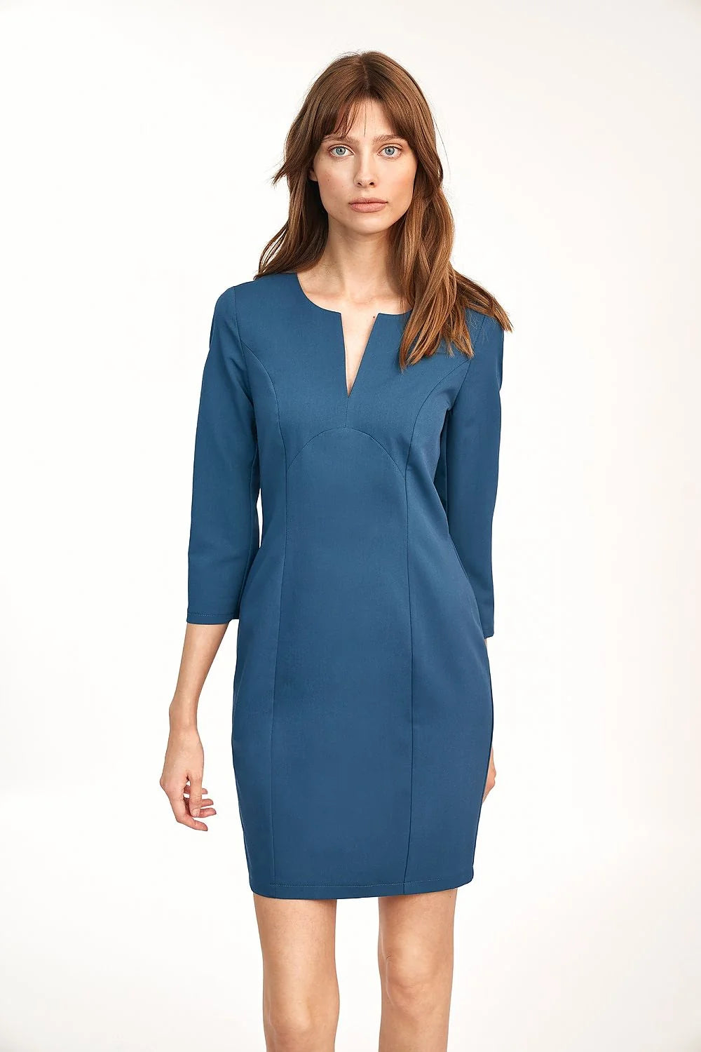 Robe en polyester bleu pétrole élégante ajustée en V manches trois-quarts pour femmes modernes
