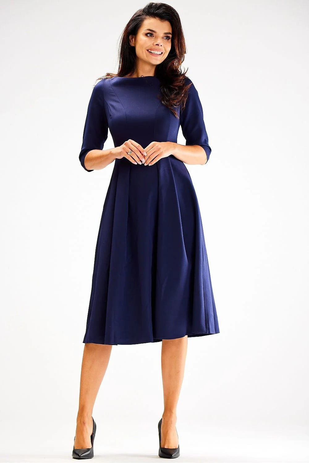 Robe de jour élégante midi manches 3/4 encolure bateau silhouette A en viscose polyester elasthanne bleu marine femme taille ajustable