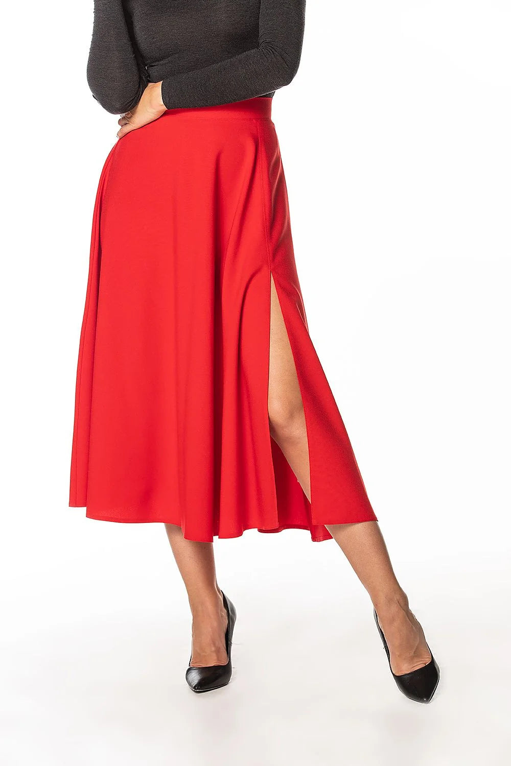 Jupe Tessita élégante mi-mollet rouge vif fente côté droit polyester élasthanne taille haute femme