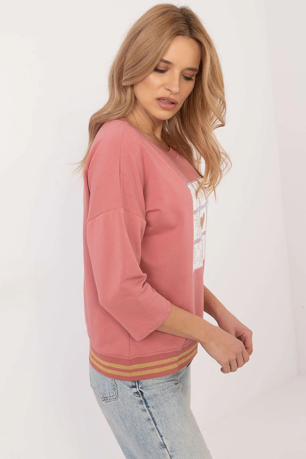 chemisier décontracté femme manches trois quarts coton élasthanne ample structurée col rond motif floral cœur doré rose légère élégante polyvalente