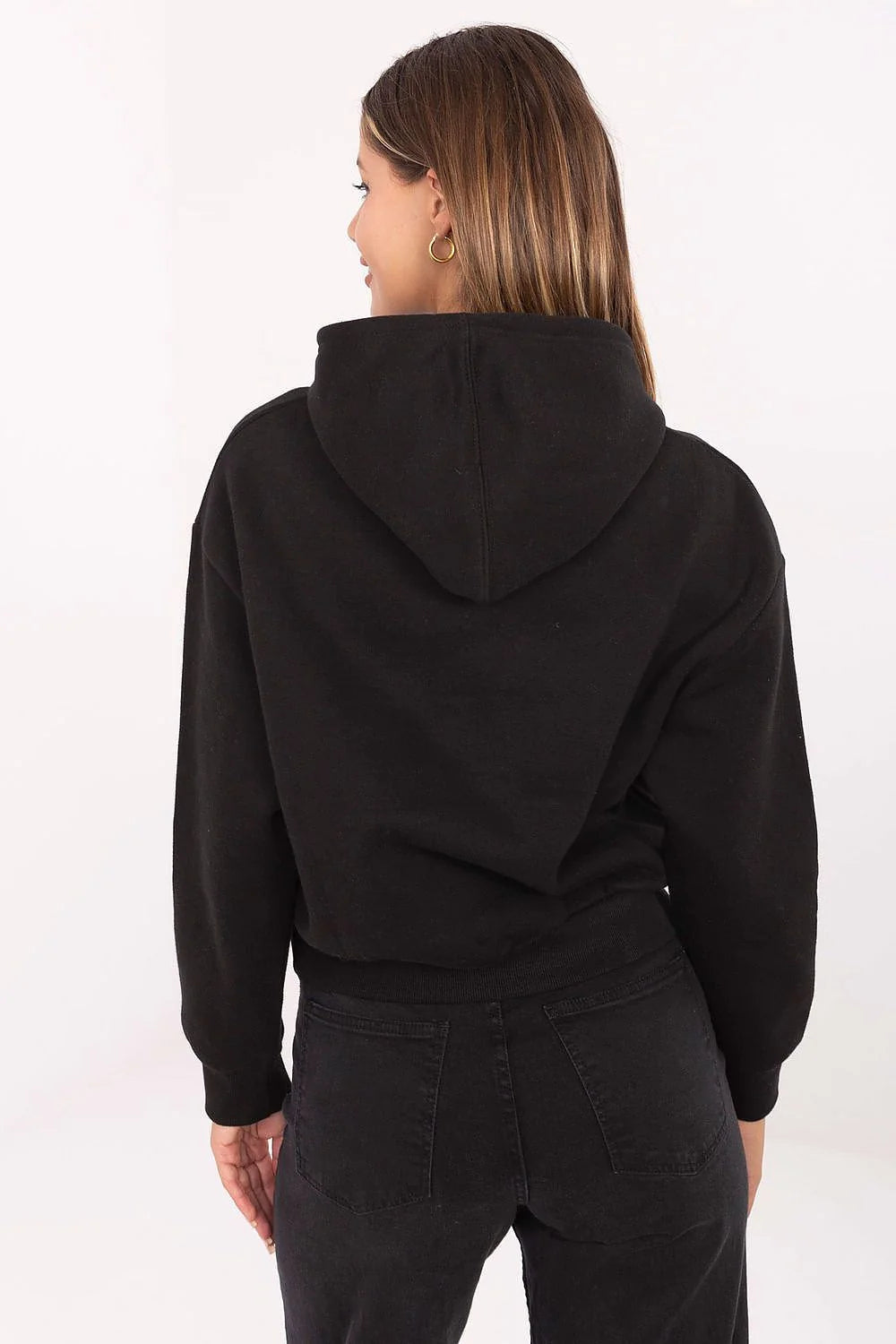 sweatshirt capuche femme noir molletonné décontracté coupe ample manches longues impression discrète poitrine bords côtes mélange coton polyester