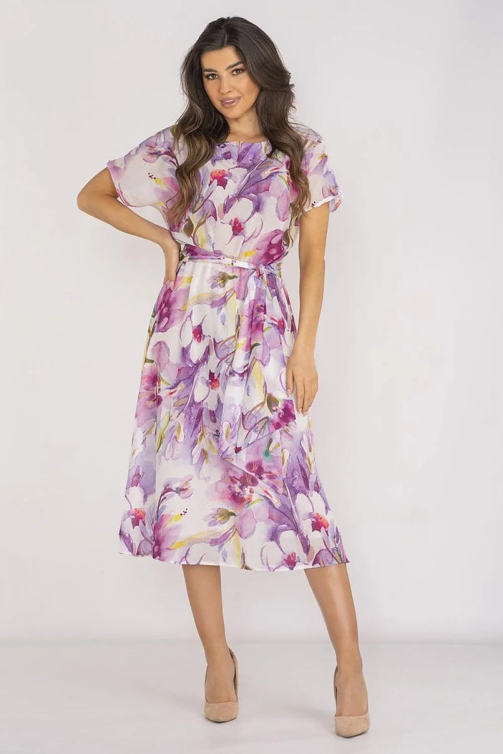Robe de jour awama féminine style bohème motif floral violet rose blanc jaune polyester 100 % taille ajustable ceinture intégrée S M L XL
