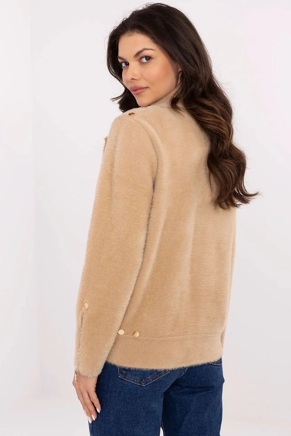 Veste élégante pour femme en laine et angora, style classique, beige clair, col à revers, boutons dorés, manches longues, coupe ajustée, automne hiver printemps