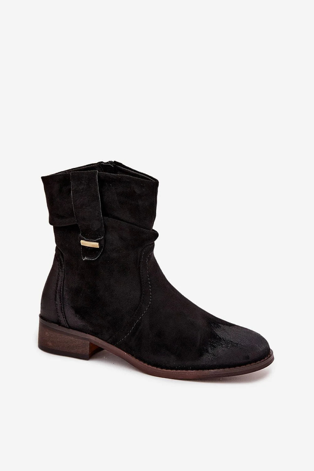 bottines femme suède écologique douces doublure fourrure talon bas bout arrondi fermeture éclair tige plissée bride décorative boucle dorée