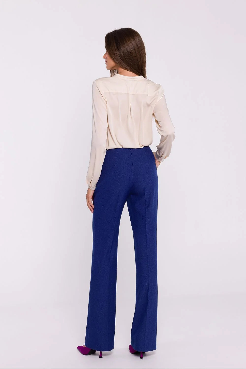 pantalon femme stylove taille haute jambes évasées bleu vif structuré sergé laine mélangée coupe classique allongeante sophistiquée confection polonaise professionnelle