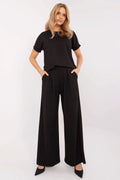 Ensemble élégant moderne femme noir T-shirt manches courtes pantalon large palazzo plis poches