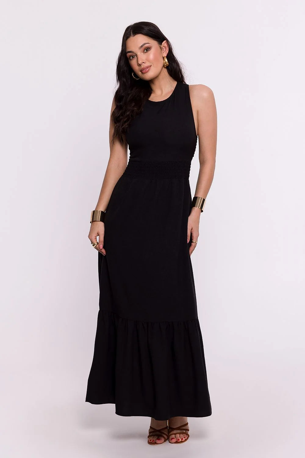 Robe de jour élégante longue sans manches dos ouvert coton élasthanne taille ajustable femme