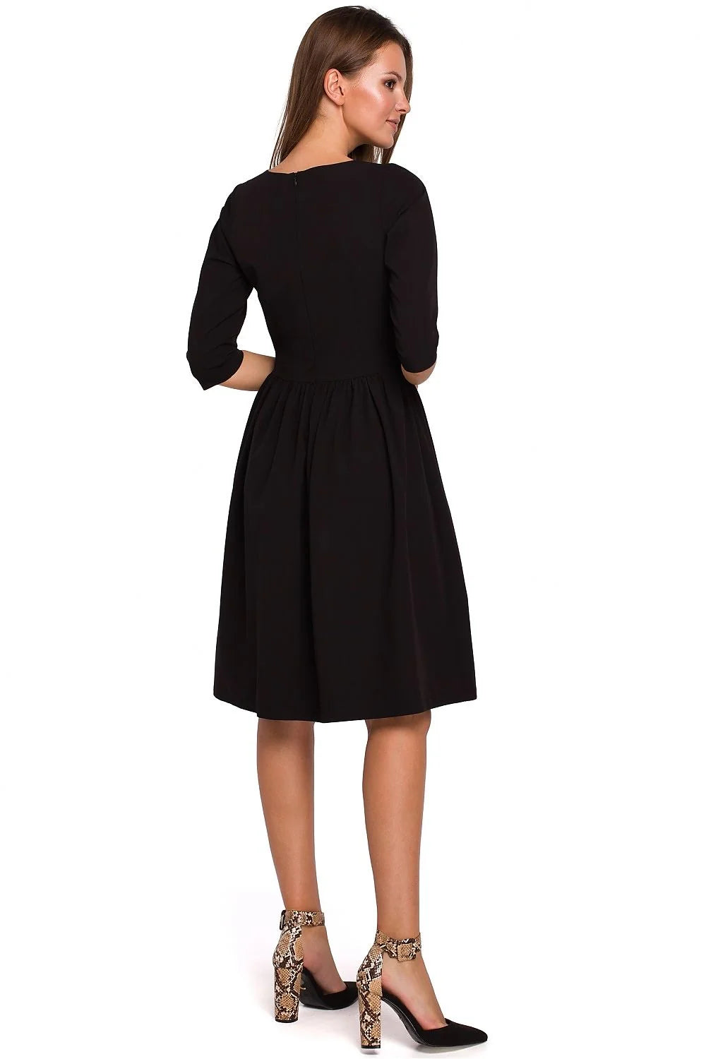 Robe en coton noir élégante et classique coupe évasée manches trois-quarts pour occasions spéciales
