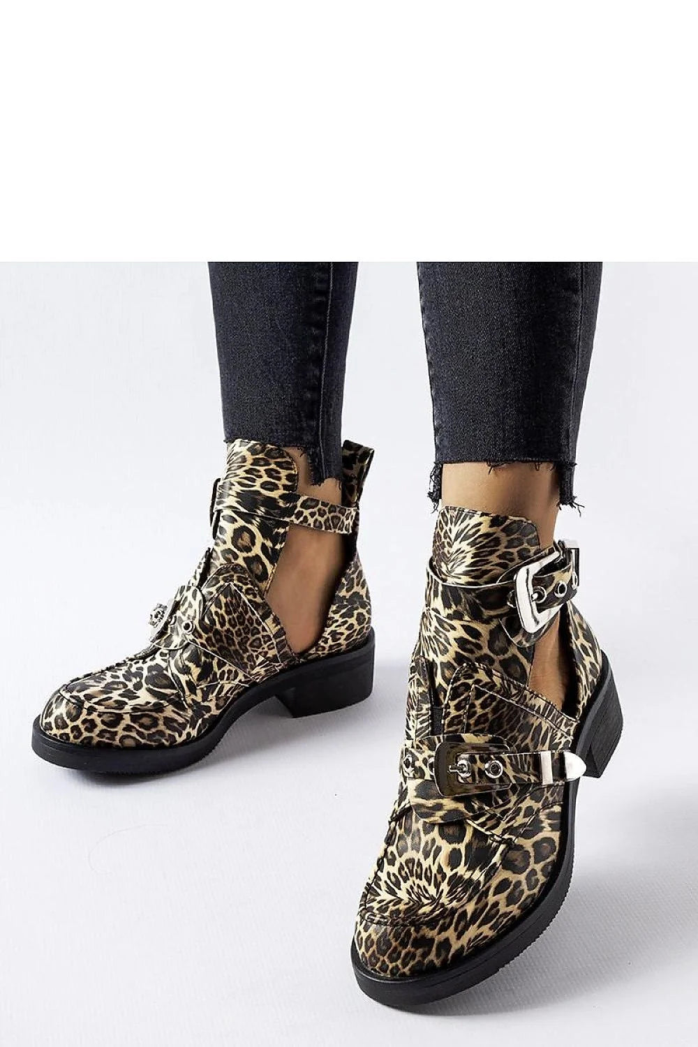 Bottines audacieuses pour femmes imprimé léopard talon plat métallique cuir synthétique mode punk rock