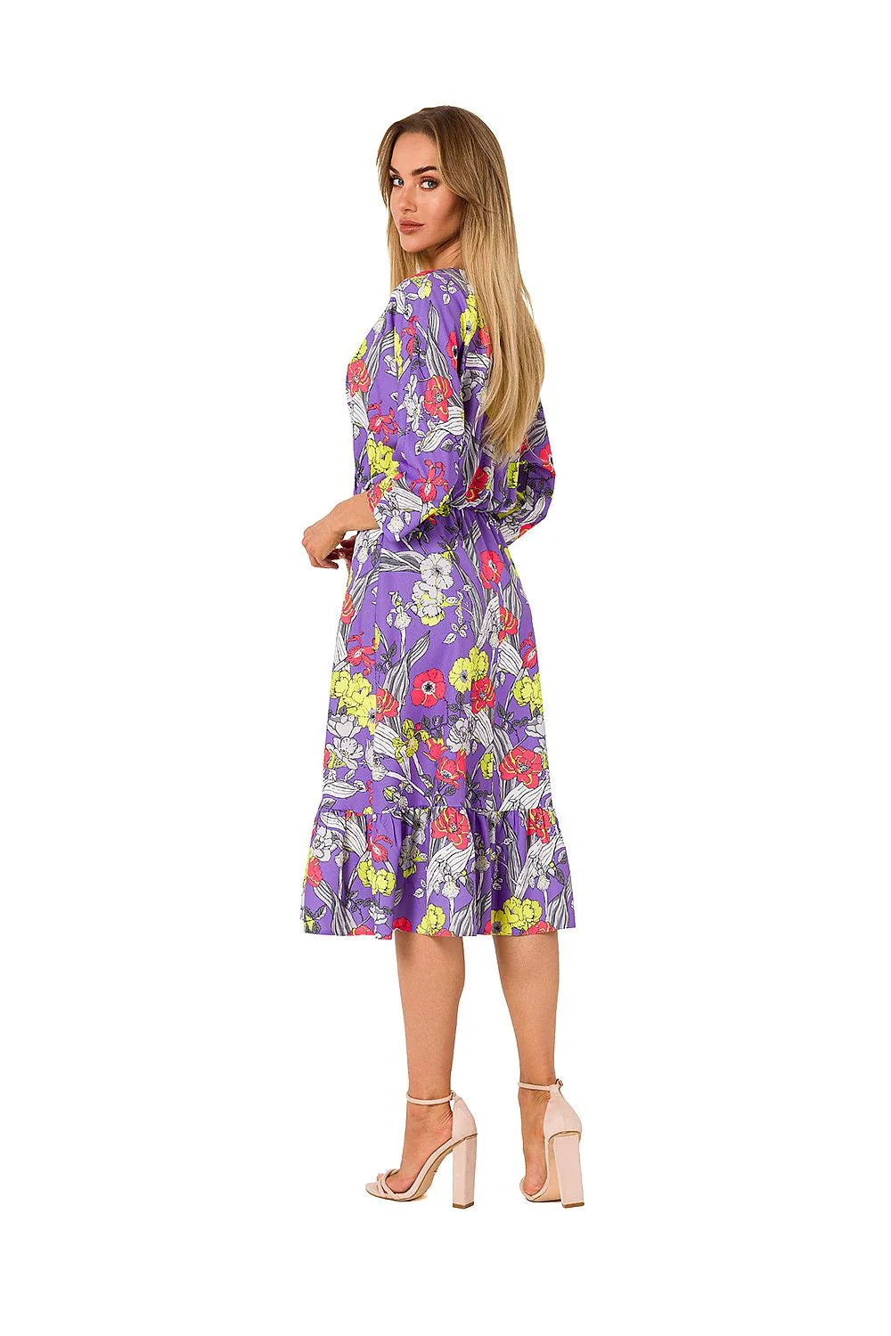 Robe estivale féminine midi en V cache-cœur manches 3/4 tissu fluide motifs floraux coloris turquoise femme