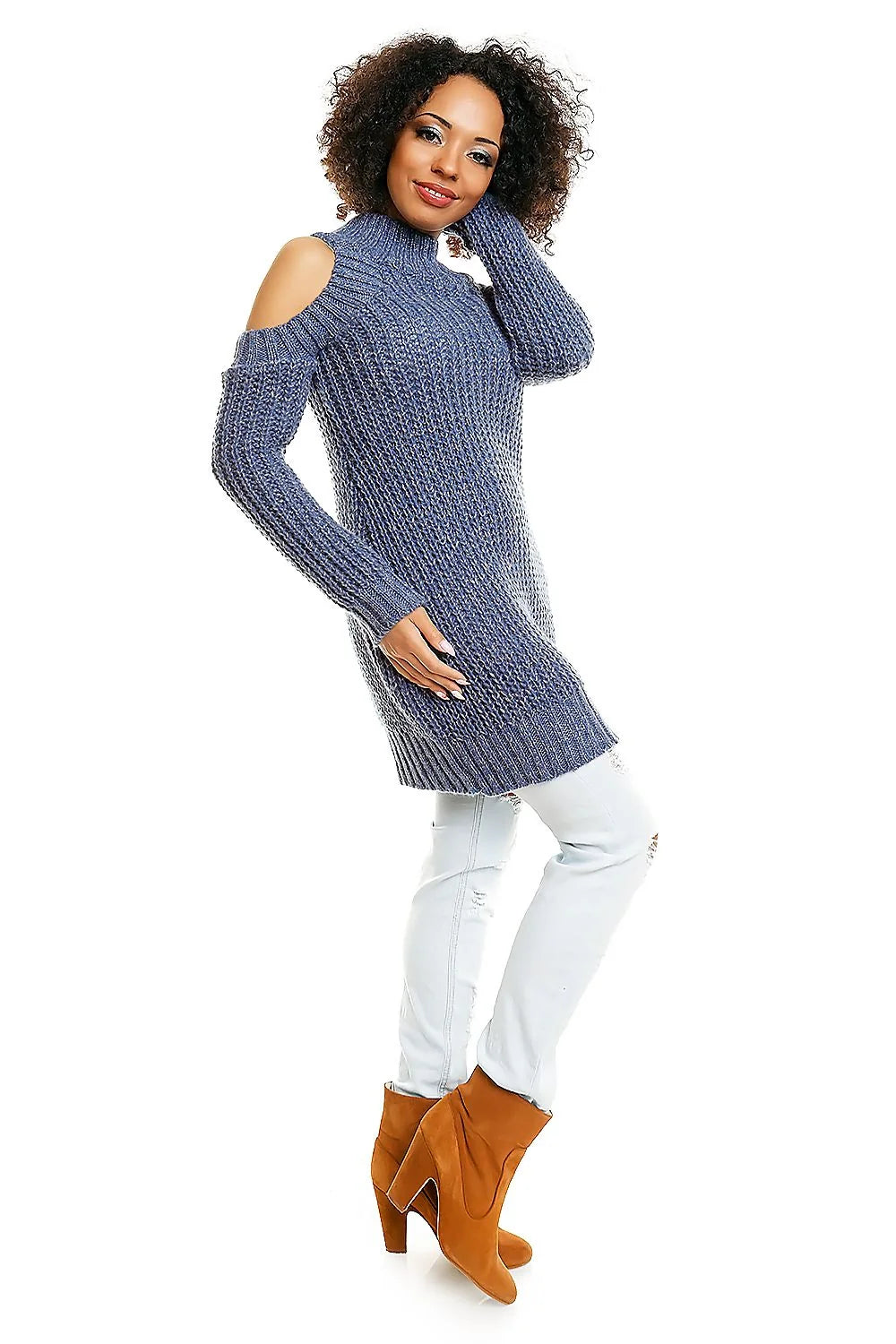 Pull Maille Bleu Clair Épaules Dénudées Chic Confortable Pour Femmes Tendance Hiver Mode Décontractée