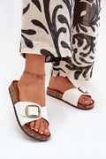 mules femme blanc similicuir large bride réglable boucle bronze plateforme liège semelle anatomique suédine écologique rembourrée antidérapante chic