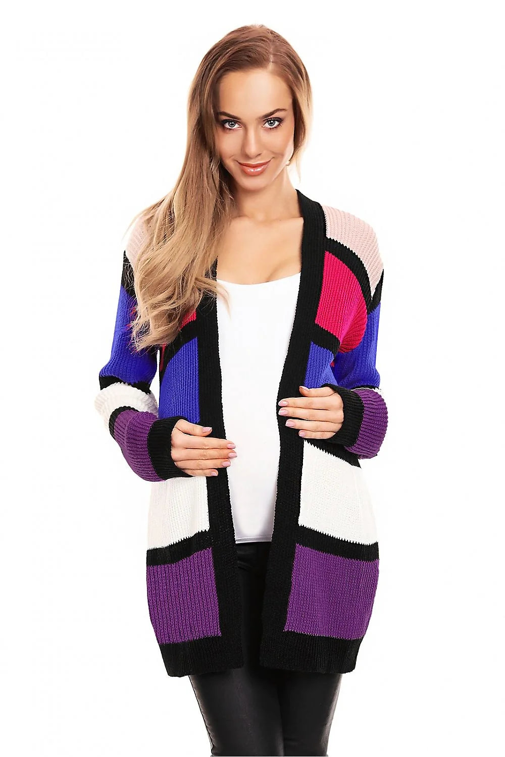 Cardigan audacieux pour femme, motifs géométriques, couleurs vives, manches longues, sans fermeture, maille épaisse, style moderne, confort optimal, idéal pour tous les jours