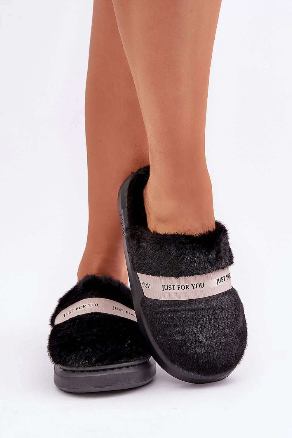 Pantoufles en fourrure douce pour femmes, style élégant, intérieur confortable, semelle épaisse, noir beige, JUST FOR YOU, idéal hiver maison cadeau