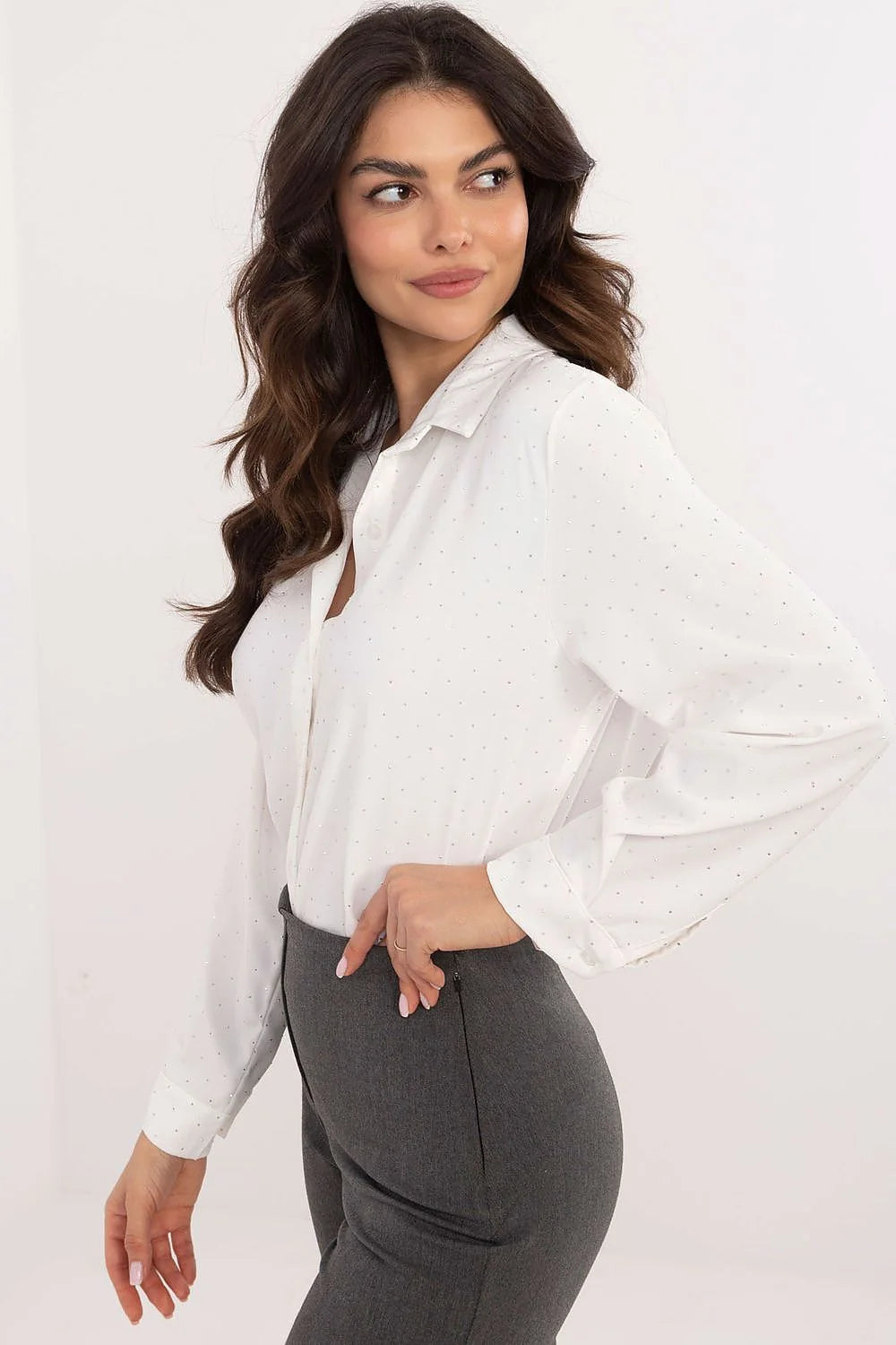 Chemise élégante pour femme manches longues col classique strass brillants tissu mélange polyester viscose polyvalente occasion spéciale soirée