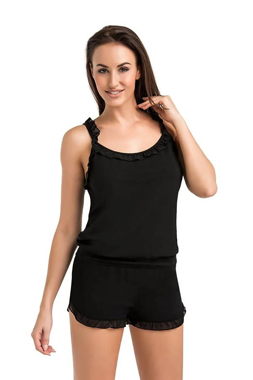 pyjama femme viscose noir ajusté volants débardeur bretelles larges encolure ronde short taille élastique coupe courte ourlets volantés extensible confortable