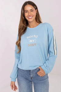 sweatshirt oversize femme col rond coton polyester molletonné bleu pastel manches longues poignets côtelés brodé poitrine bande sportive coupe décontractée