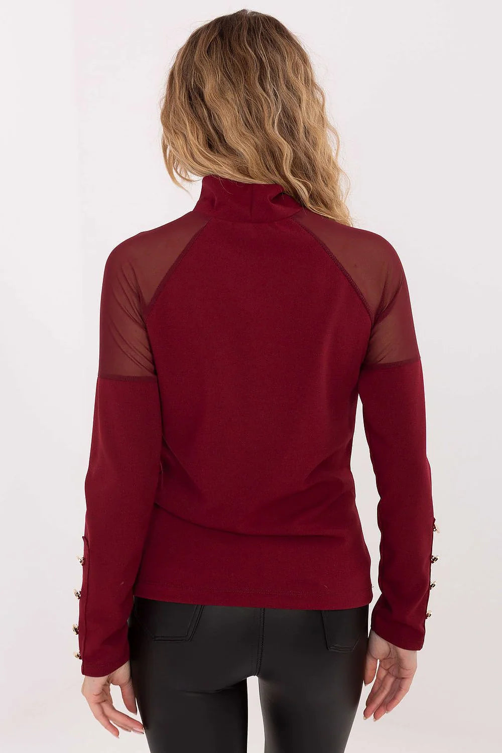 chemisier femme bordeaux col montant maille fine stretch empiècements tulle transparents épaules manches longues coupe ajustée boutons décoratifs