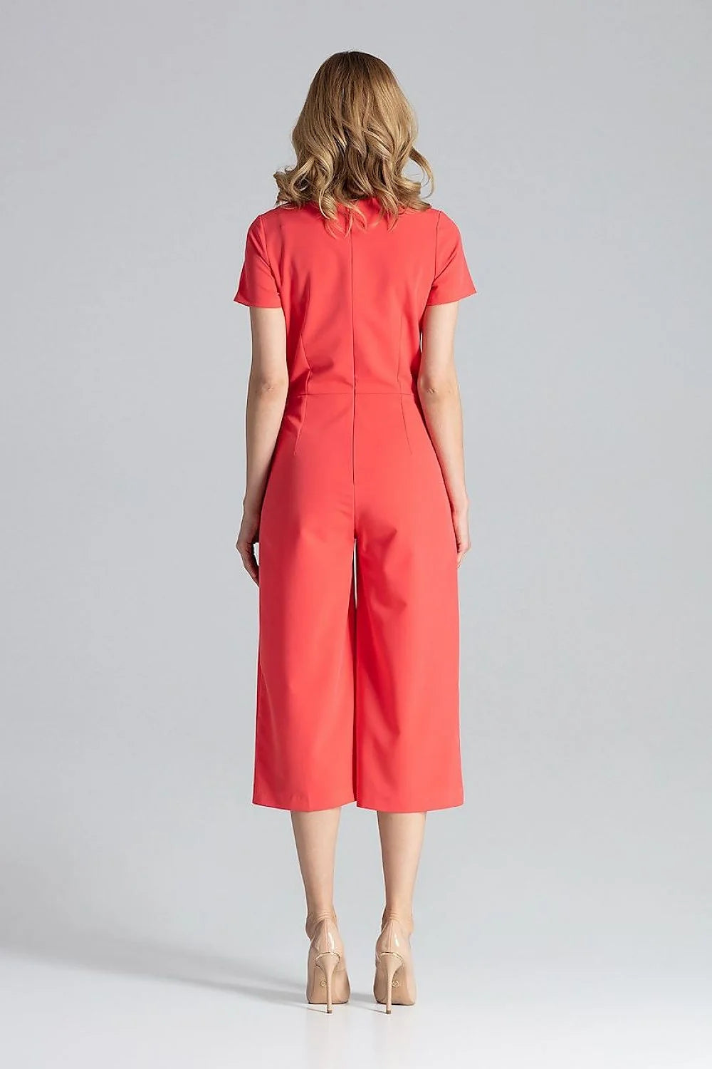 Figl combinaison corail vif cachecoeur manches courtes taille cintrée pinces soignées tissu fluide structuré polyester viscose poches latérales fermeture glissière