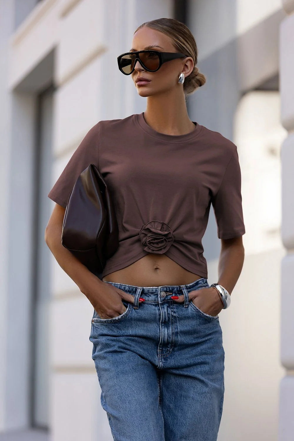 chemisier court noir coton doux froncé plissé rose amovible faitmain polonais manches courtes encolure ronde slim ajusté maille jersey casualchic