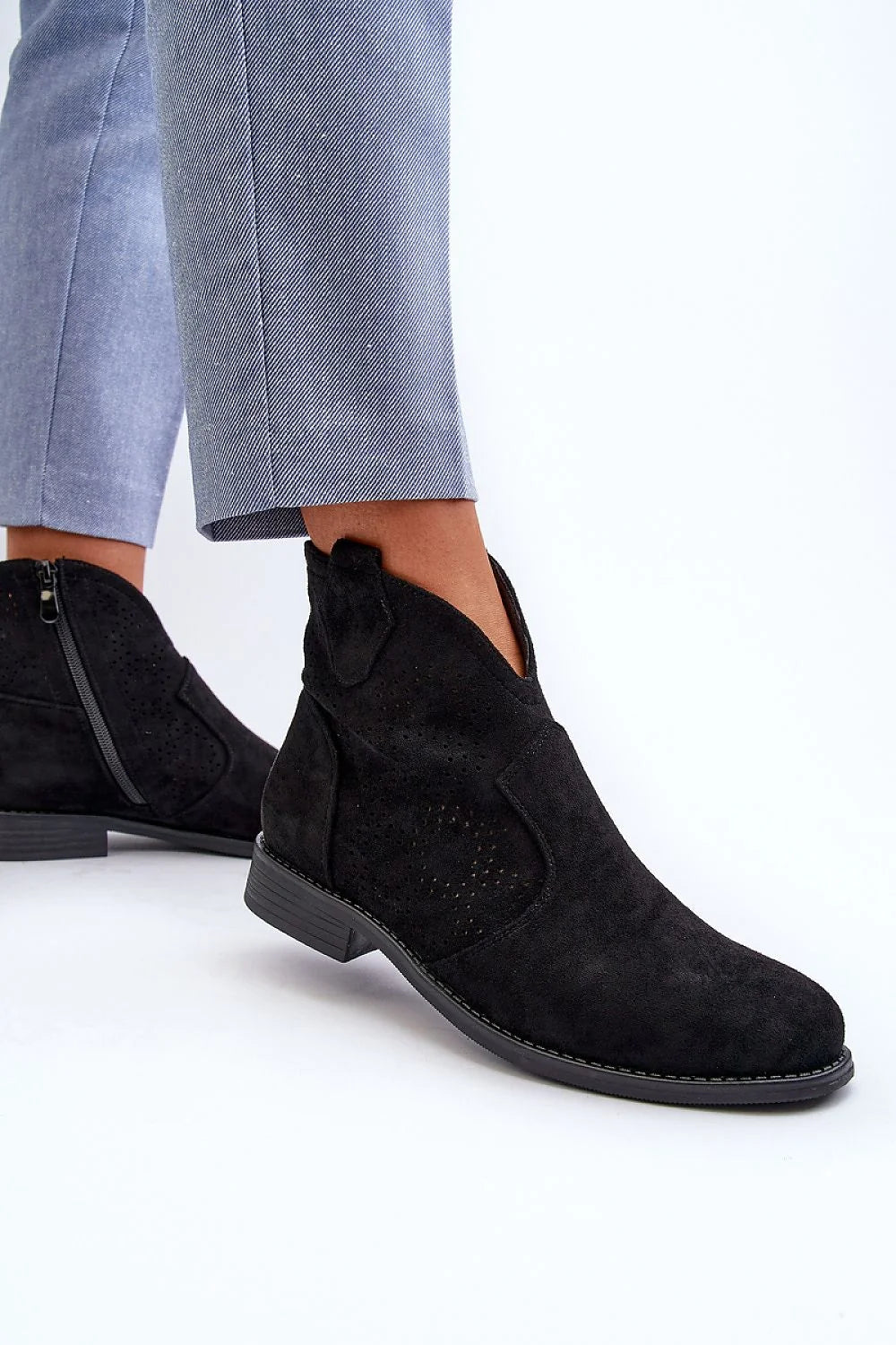 Bottines en daim noir pour femmes style moderne talon plat fermeture éclair latérale look élégant confortable