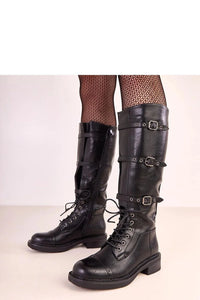 cuissardes cuir écologique noir vintage sangles boucles lacets œillets fermeture éclair talon bloc bas 4cm semelle crantée doublure chaude femme