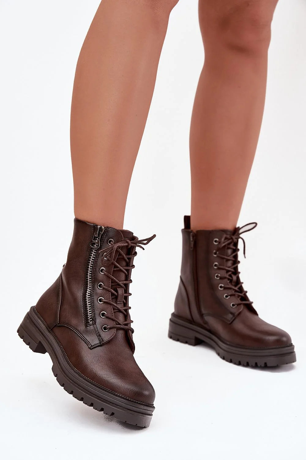 bottines femme Jezzi similicuir marron foncé lisse tige mihaute style combat bout rond lacets zip œillets semelle plateforme crantée antidérapante
