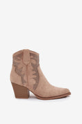 bottines cowgirl femme similicuir écologique suédé taupe bout pointu clous métalliques décor talon bloc effet bois fourrure synthétique chaude zip