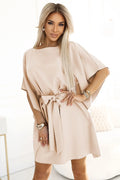 Robe de jour élégante ample teinte beige clair ceinture nouée manches larges femmes polyester elasthanne