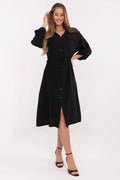 Robe élégante pour femme en tissu fluide noir manches longues ceinture intégrée poches buste