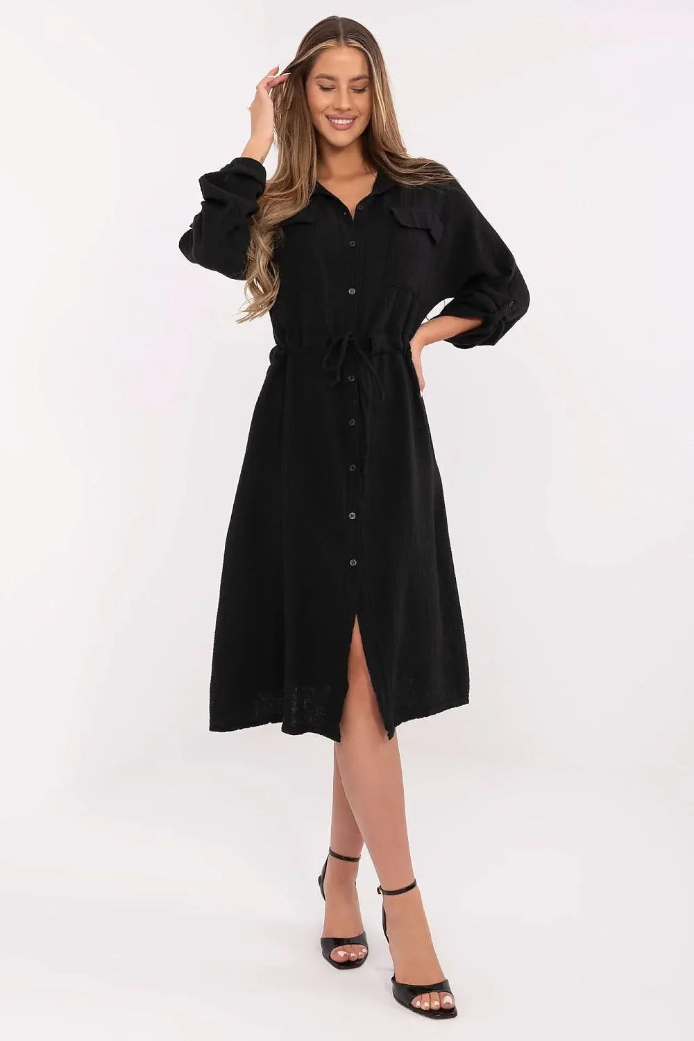 Robe élégante pour femme en tissu fluide noir manches longues ceinture intégrée poches buste