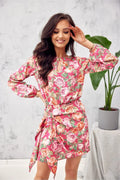 Robe femme style casual-chic imprimé floral manches longues encolure goutte d'eau ceinture taille ajustable tissu léger femmes été printemps