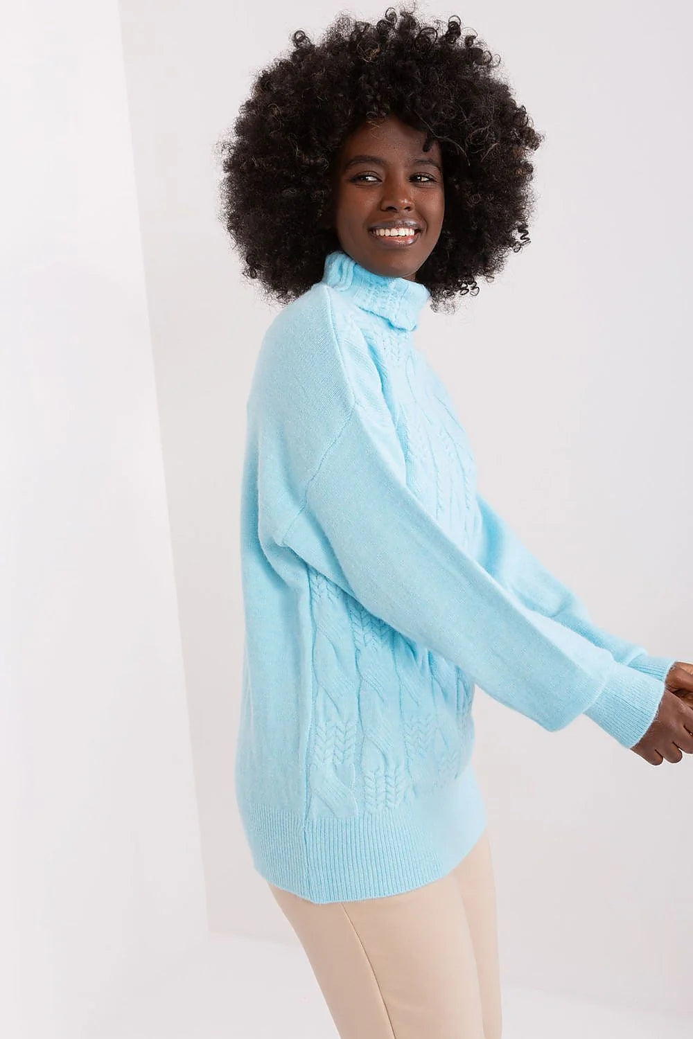 Pull_ovre femme à col roulé en acrylique bleu pastel style décontracté manches longues coupe ample