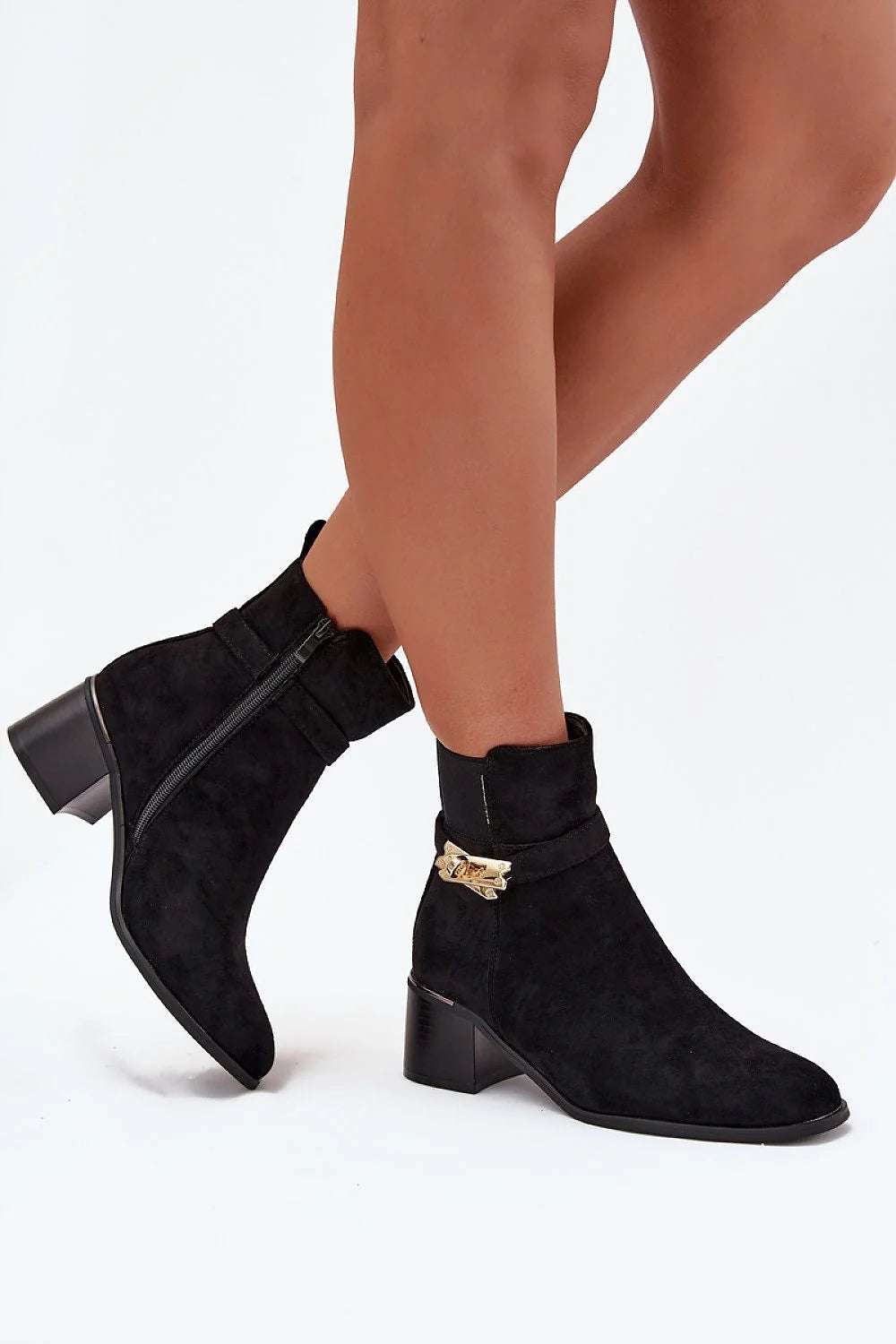 bottines femme suédine écologique cheville talon bloc confortable doublure polaire bout arrondi bride dorée fermeture éclair semelle antidérapante