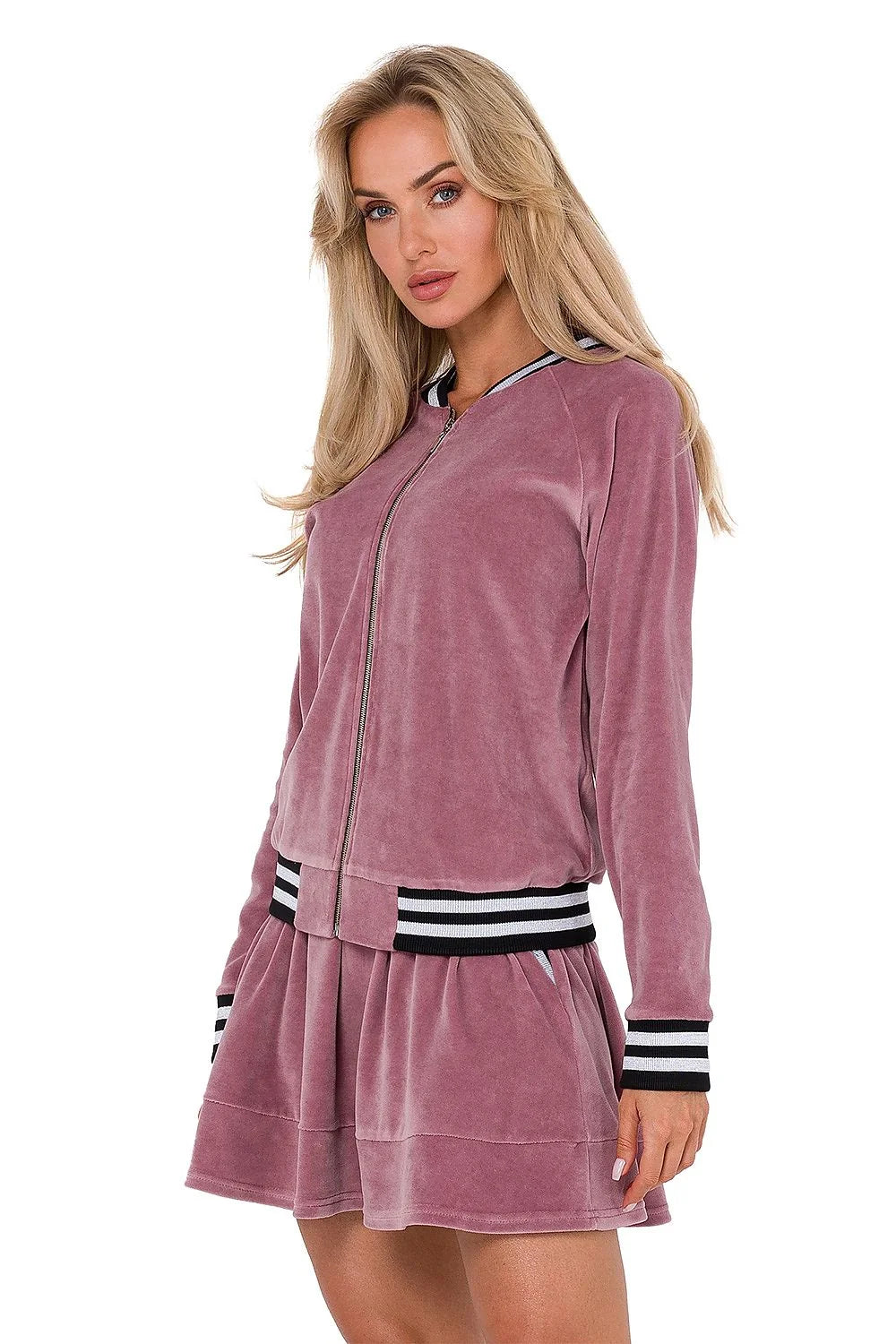 ensemble sport chic femme velours doux extensible rose mauve bomber zippé manches longues jupe évasée plis