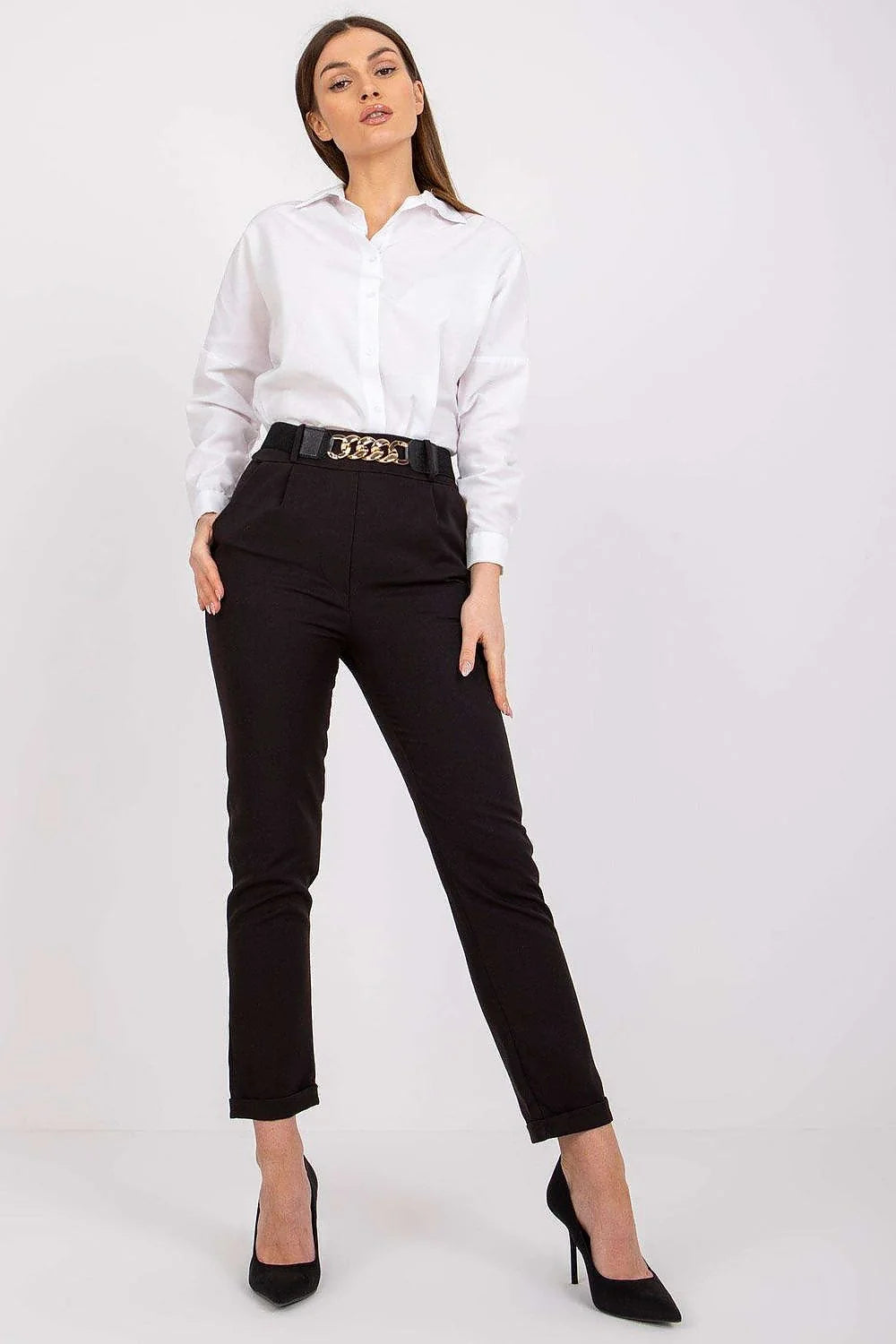 Pantalon femme Italy Moda taille haute ceinture élastique élégant soir travail manches longues ajusté
