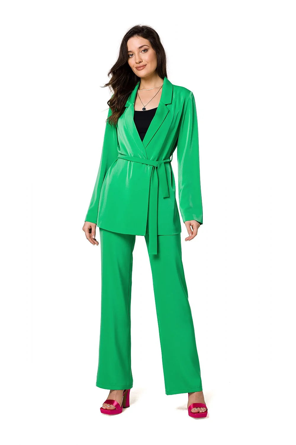 Blazer femme Makover vert énergique ensemble complet blazer pantalon assorti style classique col à revers ceinture ajustable coupe longue