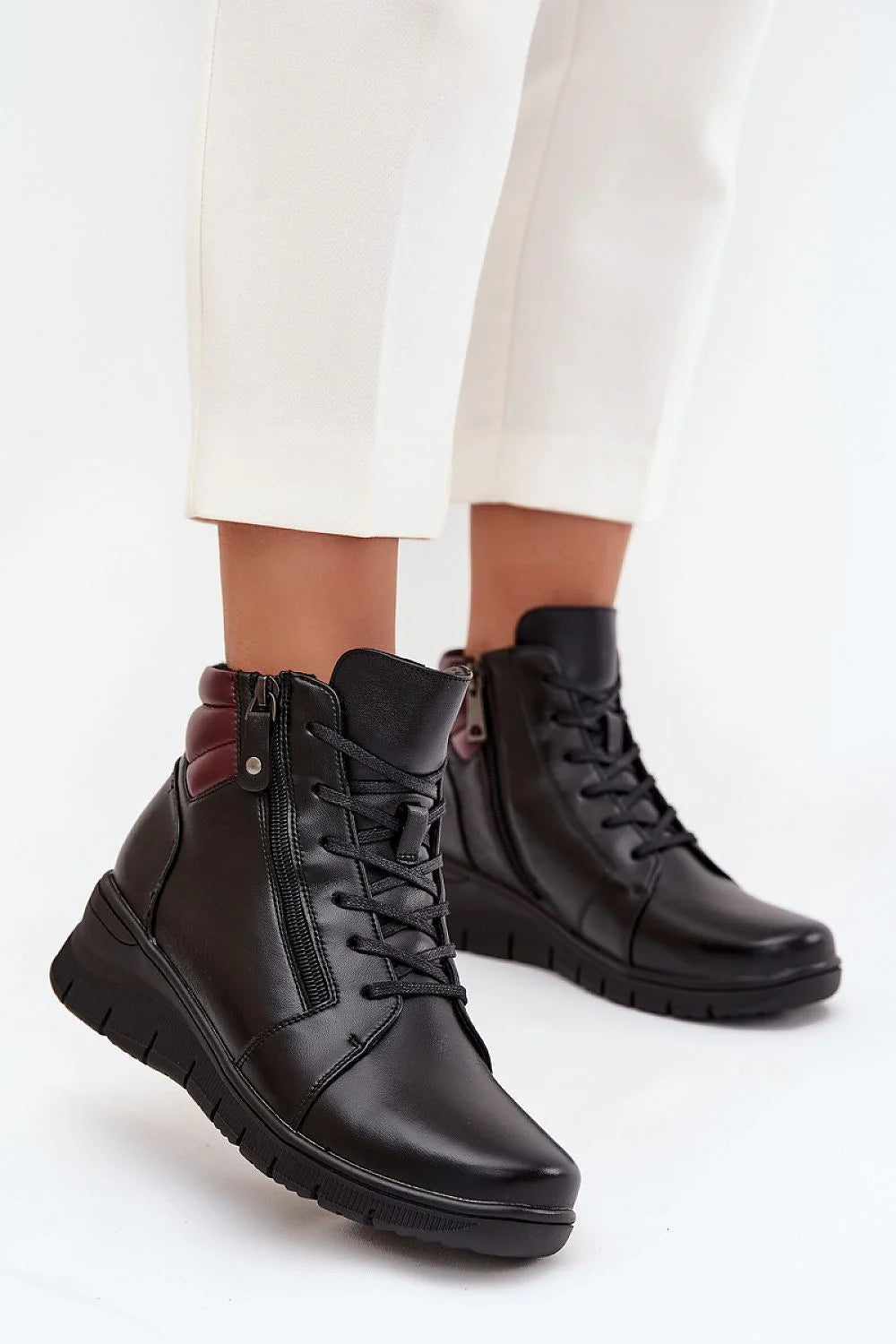 bottines femme Vinceza cuir naturel noir montantes lacets zippée col rembourré bordeaux bout arrondi talon compensé