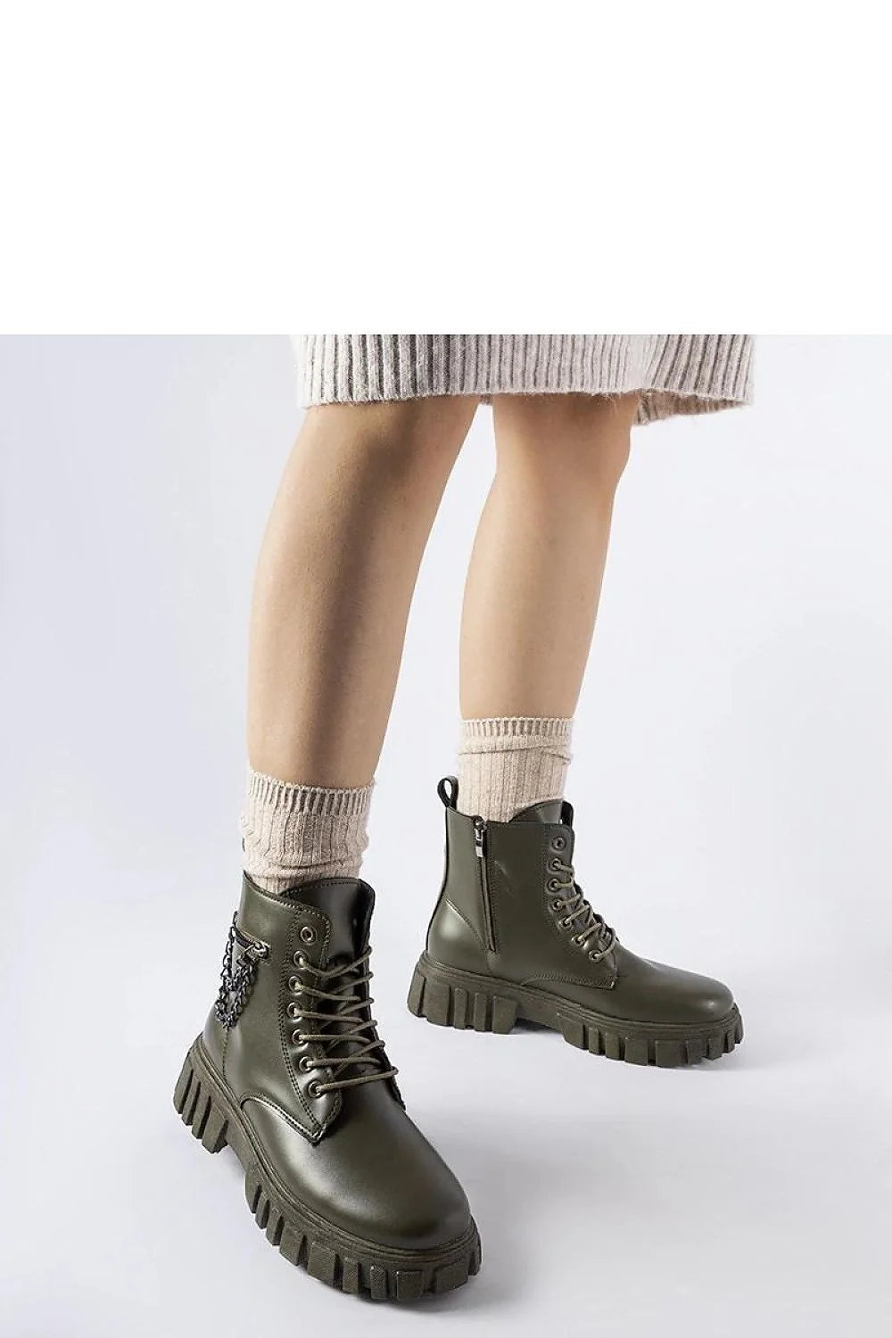 bottes Solea militaires femmes kaki cuir synthétique haute tige chaînes décoratives semelle crantée plateforme talon lacets zip latéral