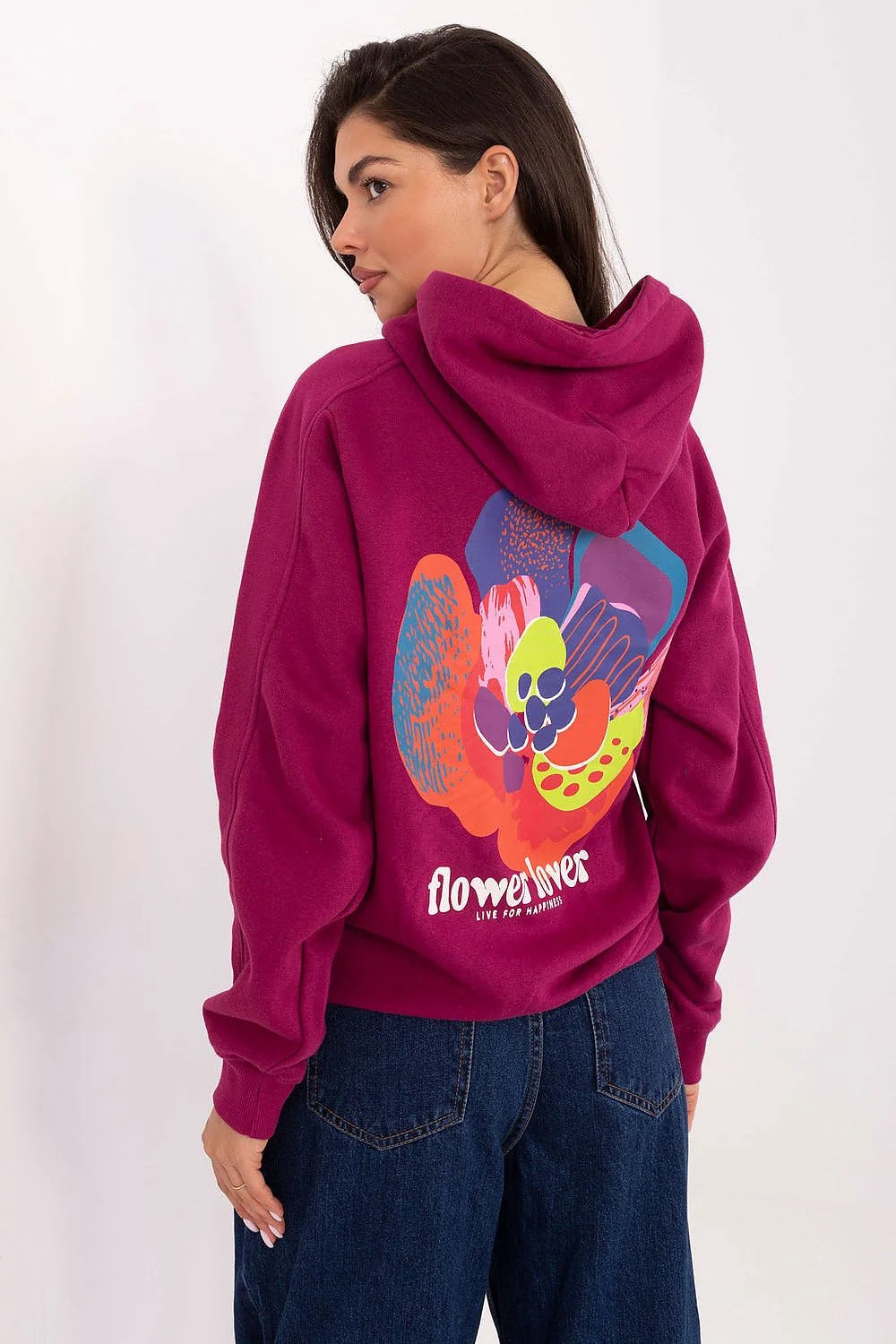 hoodie femme oversize fuchsia streetwear loose hanches cordon blanc molleton doux manches longues imprimé floral multicolore poitrine dos poche latérale