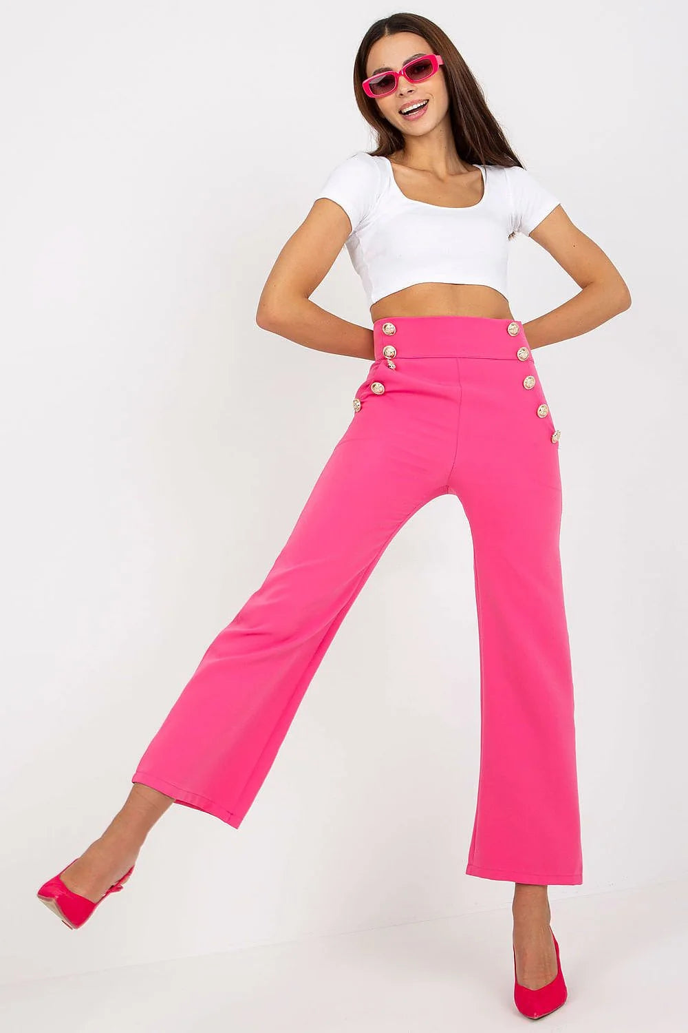 pantalon femme taille haute évasé long beige sable double rangée boutons dorés marin structuré extensible polyester élasthanne cintré sophistiqué