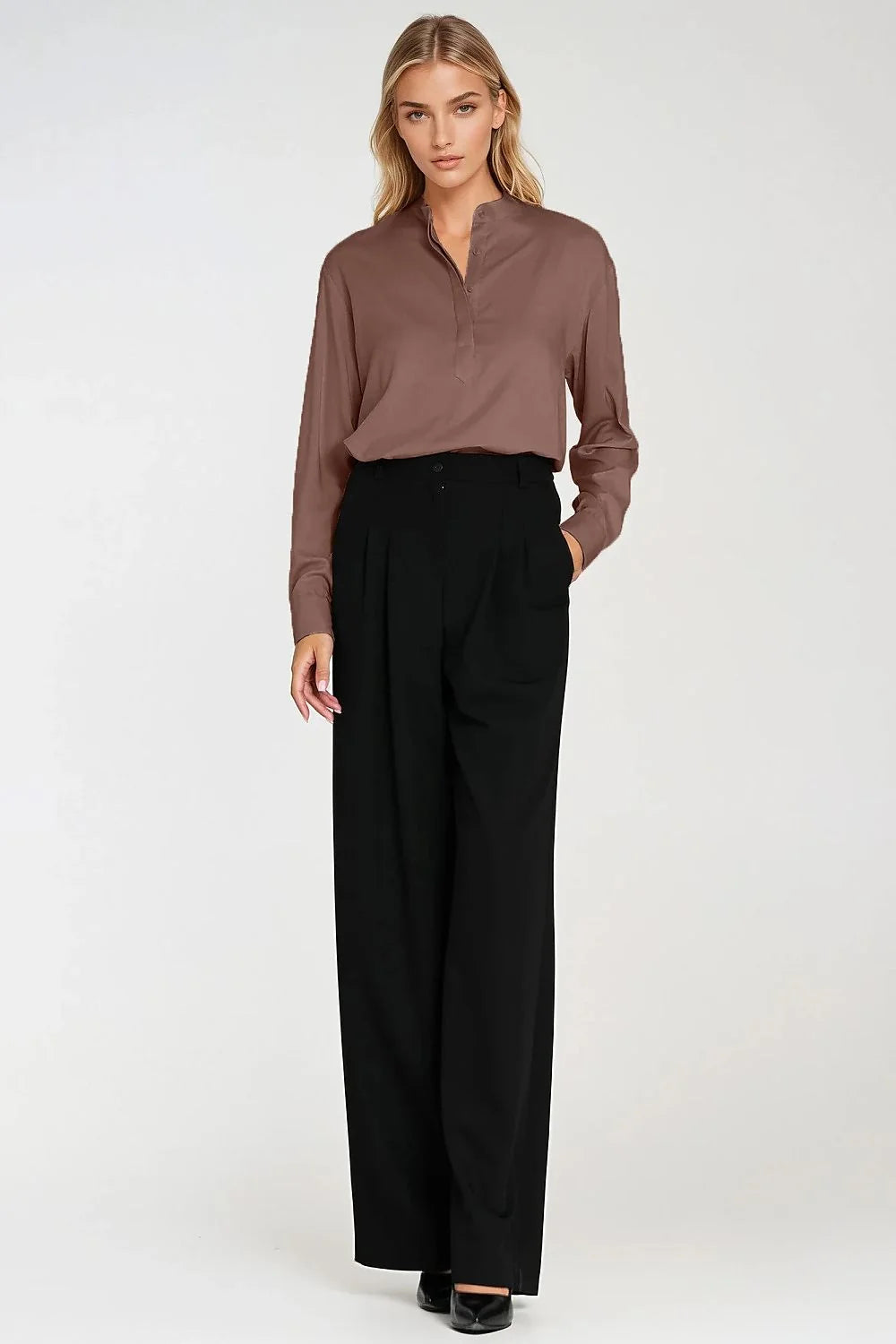 chemisier femme oversize viscose légère drapé satiné moka col mao patte boutonnage cachée manches longues poignets boutonnés élégant smartcasual