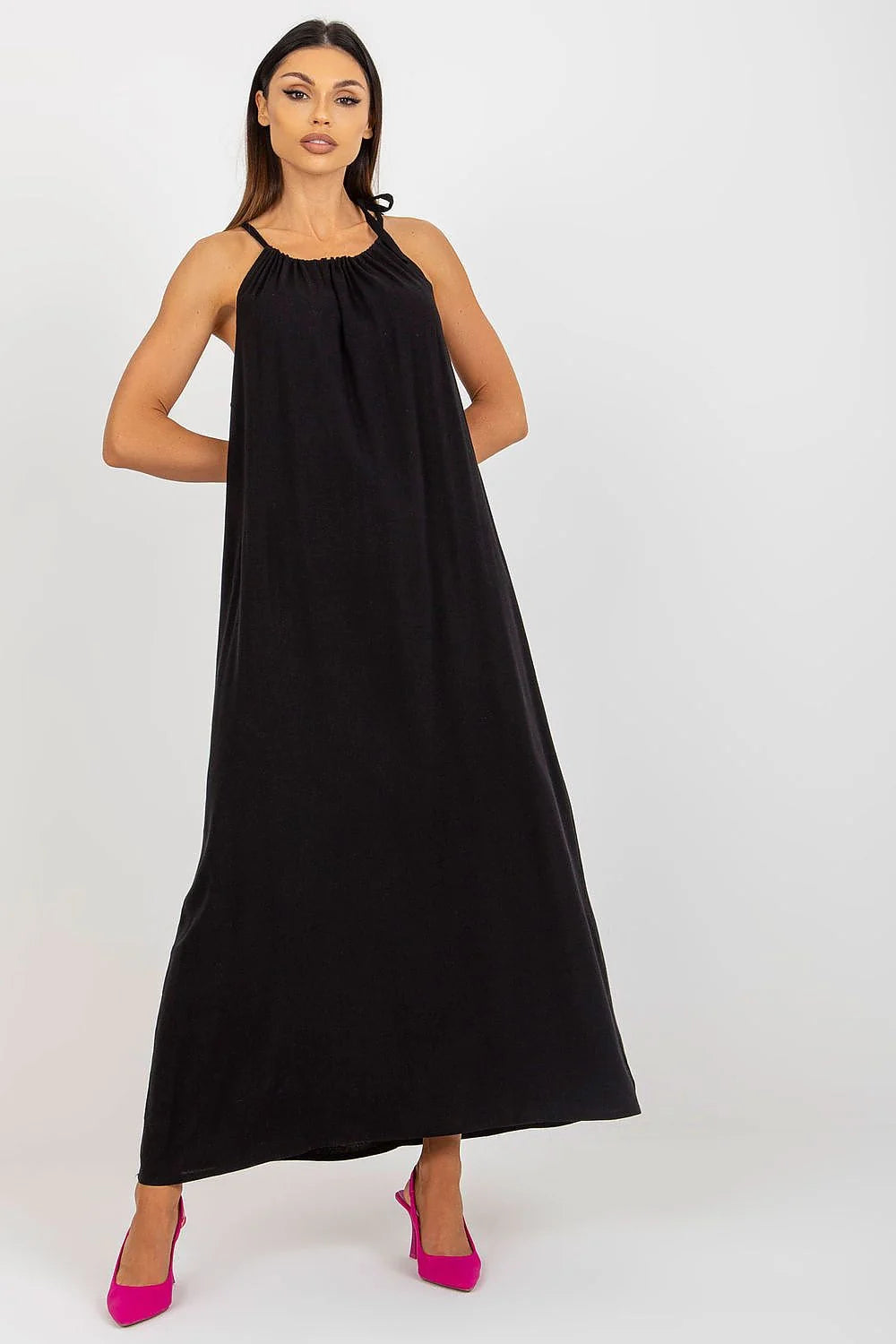 Robe de jour élégante Och Bella longue ample bretelles nouées en coton 50% viscosé 25% len 25% taille ajustable femme